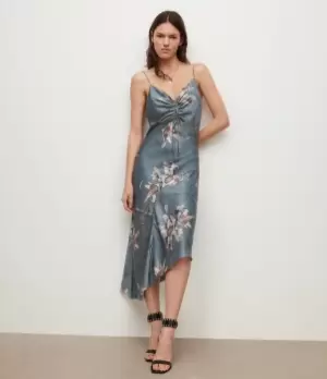 Image of AllSaints Womens Alexia Kuroyuri Silk Blend Dress, Blue/Grey/Brown, Size: 10