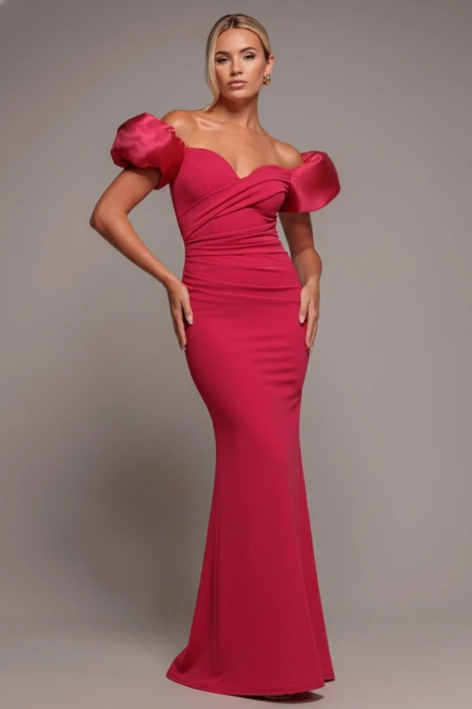 Image of Goddiva Womens Puffy Satin Sleeve Scuba Maxi Dress in Magenta Size: 16 Magenta Female 16