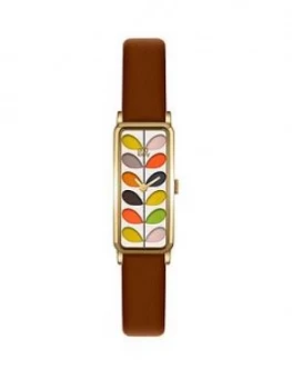 Image of Orla Kiely Gold Rectangular Case With Stem Print Dial And Brown Leather Strap Ladies Watch