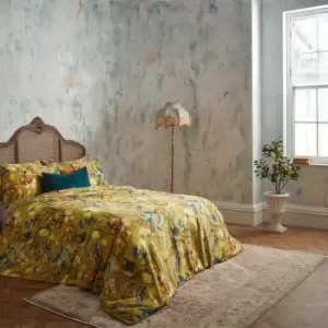 image of Morton Floral Printed Cotton Sateen Piped Duvet Cover Set Ochre, Ochre / Double