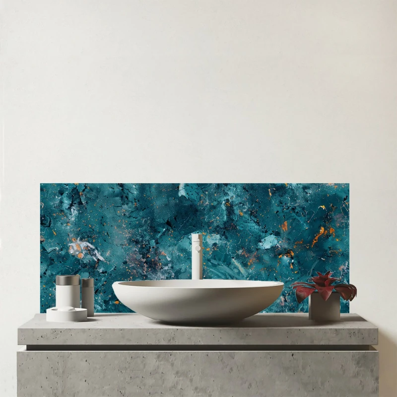 Image of Warren Reed - Designer Polished Teal Quartz Effect Glass Bathroom Splashback in Brown Brown Unisex
