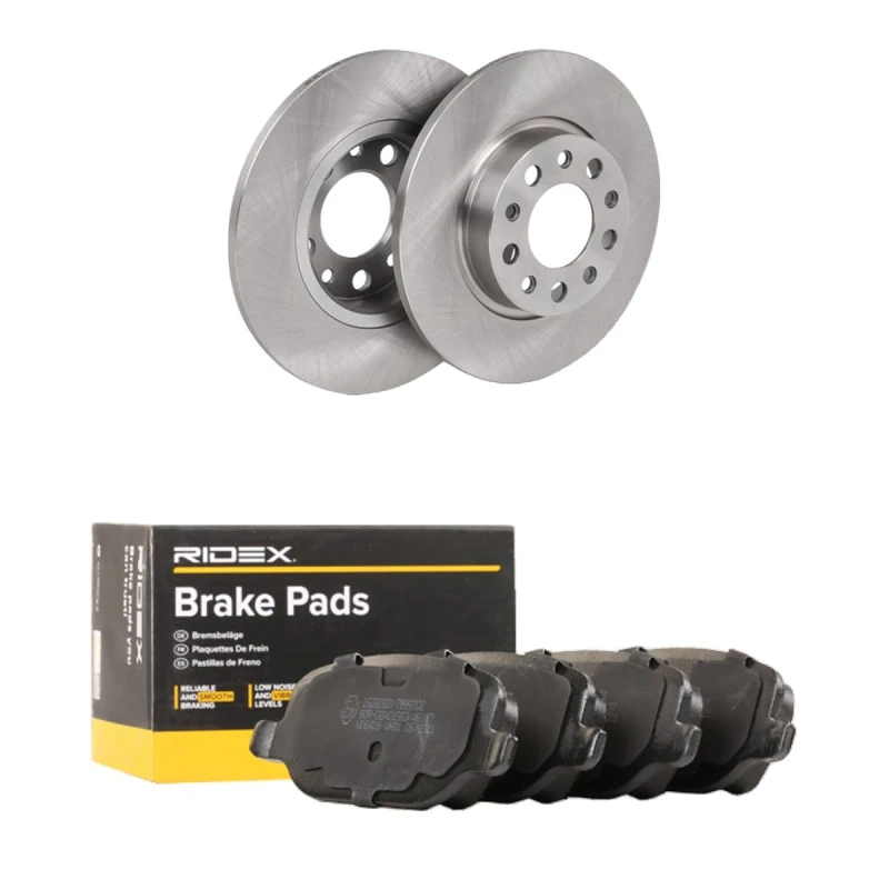 Image of RIDEX 3405B3320 Brake disc and pads set Rear Axle, Brake Disc Type: Solid, without integrated wear warning contact Brake Set,disc brakes (3405)