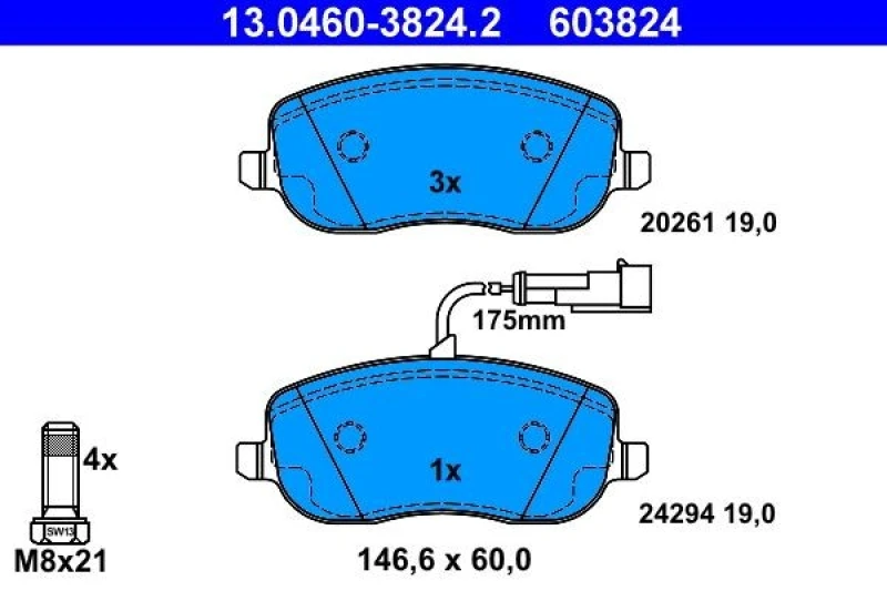 Image of ATE 13.0460-3824.2 Brake pad set incl. wear warning contact, with brake caliper screws Brake Pad Set,disc brake (402)
