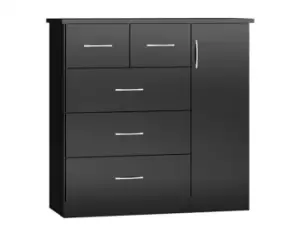 Image of Seconique Nevada Black High Gloss 1 Door 5 Drawer Chest of Drawers