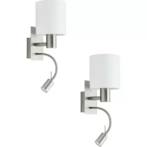 Image of 2 PACK Wall Light Colour Satin Nickel Shade White Fabric E27 LED 1x40W 1x3.5W