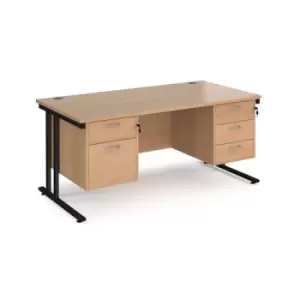 Image of Office Desk Rectangular Desk 1600mm With Double Pedestal Beech Top With Black Frame 800mm Depth Maestro 25 MC16P23KB