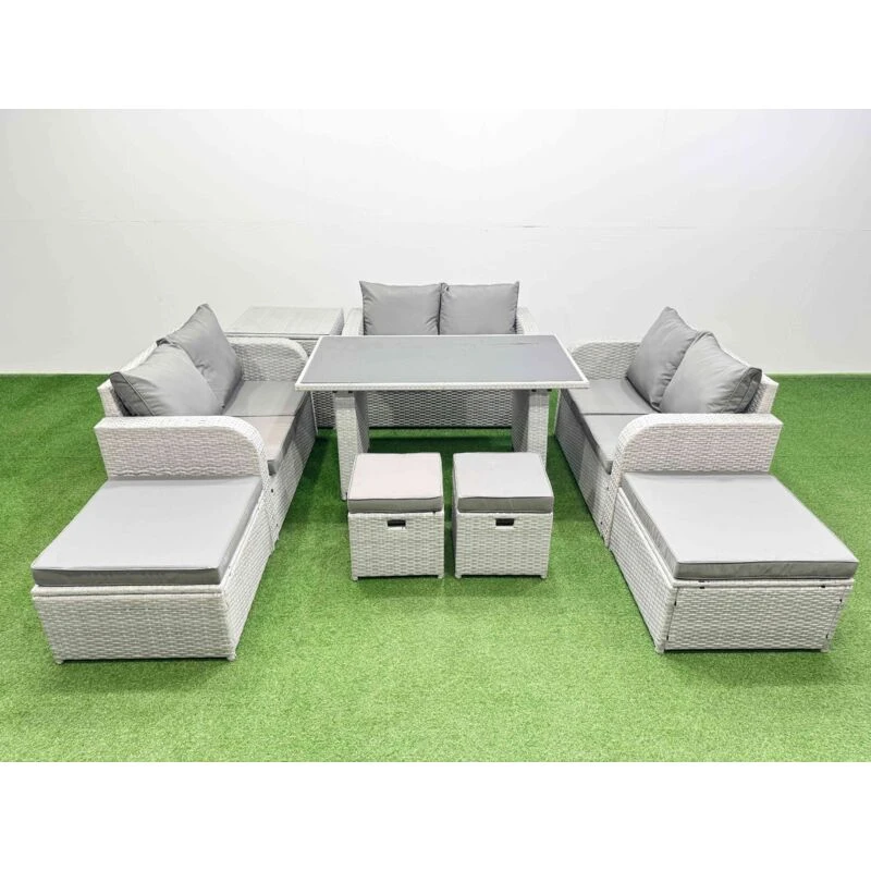 Image of Fimous 10 Seater Patio Garden Furniture Sets with Side Table 4 Stools in Light Grey Light Grey Unisex