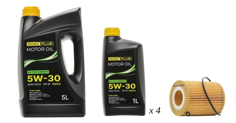 Image of RIDEX PLUS 100908O0163P Oil change kit (oil filter + engine oil) Oil change kit (oil filter + engine oil) (100908)