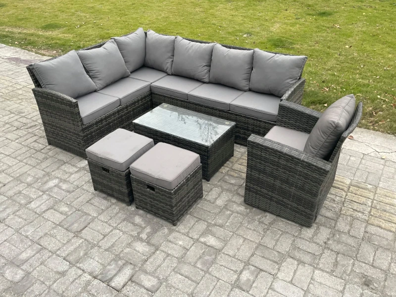 Image of Fimous Rattan Lounge Corner Sofa Set Wicker PE Outdoor Garden Furniture Set with Rectangular Coffee Table 2 Small Footstools in Dark Grey Dark Grey Un