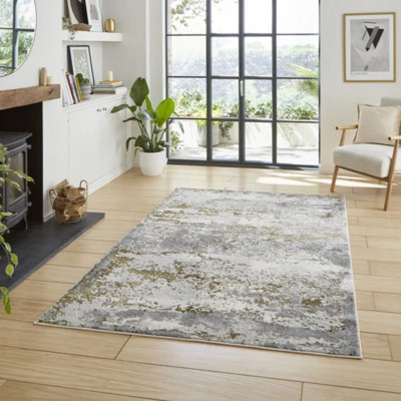 Image of Gold Modern Abstract Easy To Clean Dining Room Bedroom & Living Room Rug-80Cm X 150Cm