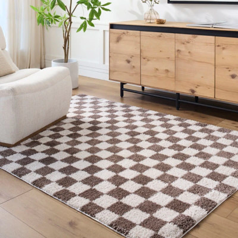 Image of Livabliss Machine Washable Checkered Shaggy Dark Brown Izaline Area Rug 200 X 275cm - Easy Care, Ideal For Living Room & Bedroom