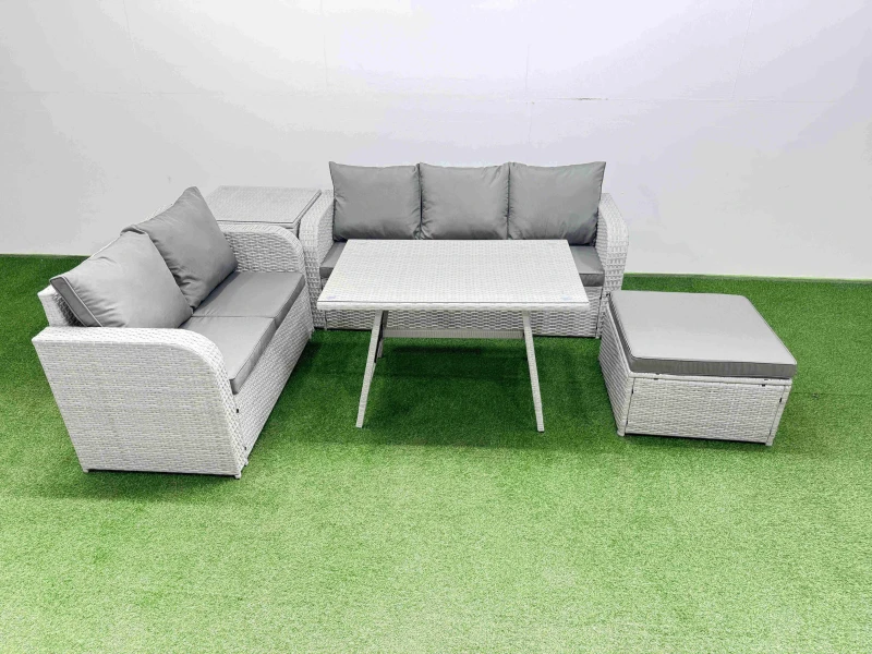 Image of Fimous Rectangular Dining Table Sofa Set with Big Stool Side Table Light Grey Light Grey Unisex