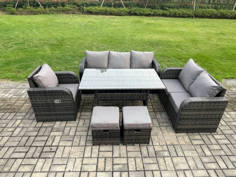 Image of Fimous 8 Seater Rattan Garden Furniture Set with Patio Sofa Rectangular Dining Table 2 Small Footstools Indoor Conservatory Patio Set in Dark Grey Dar