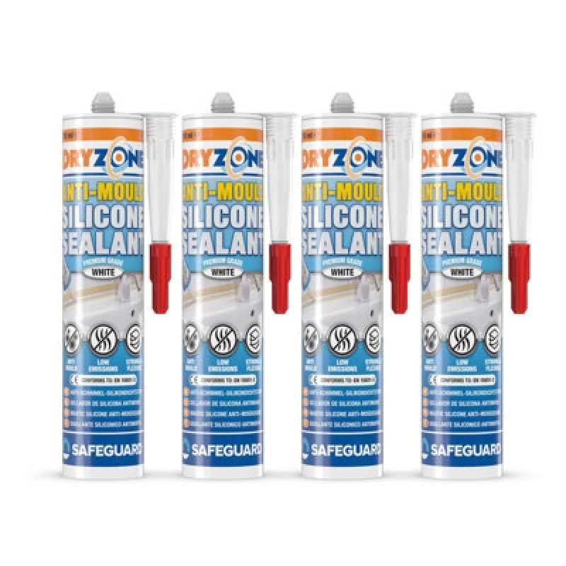 Image of Dryzone Anti-Mould Premium Silicone Sealant White 310Ml X 4 Pack - Low-Odour, Low Voc For Bathroom, Kitchen, Window, Sink