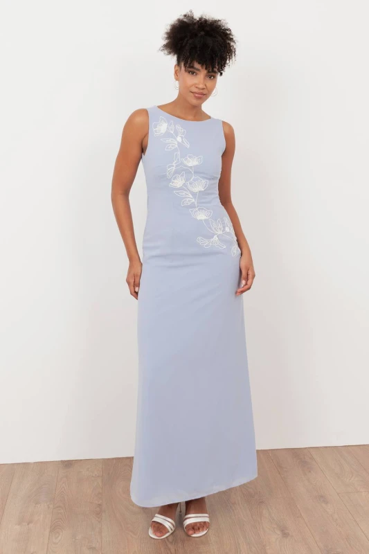 Image of Maya Deluxe Womens Floral Embroidery Cowl Back Maxi Dress in Light Blue Size: 16 Light Blue Female 16