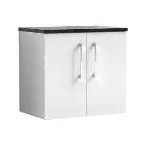 Image of Arno Gloss White 600mm Wall Hung 2 Door Vanity Unit with Sparkling Black Laminate Worktop - ARN123LSB - Gloss White - Nuie