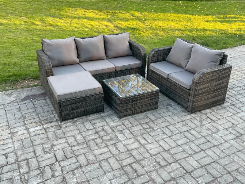 Image of Fimous PE Rattan Garden Furniture Sets 6 Seater Outdoor Lounge Sofa Set Square Coffee Table Big Footstool Dark Grey