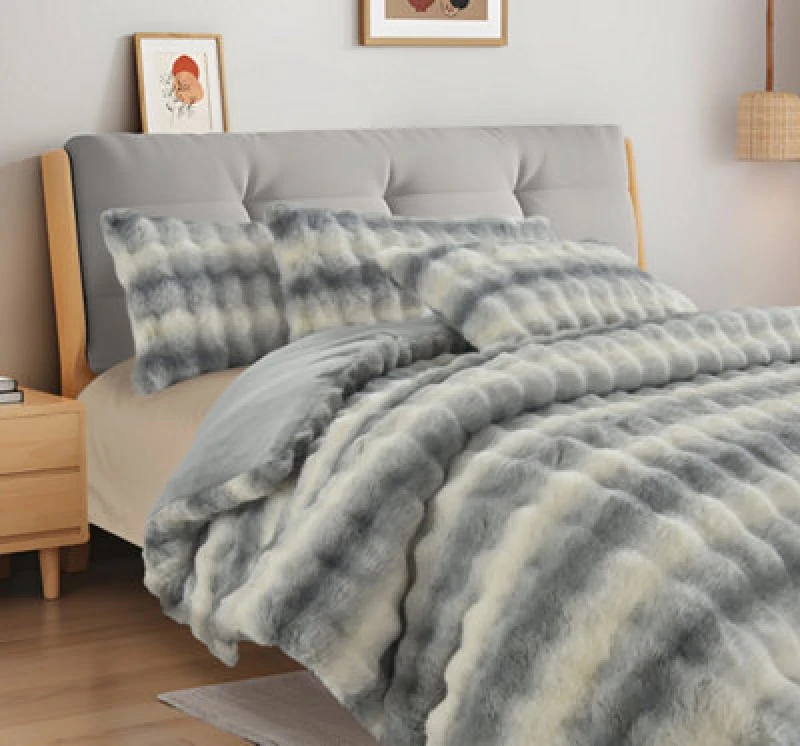 Image of Velosso Grey Husky Faux Rabbit Fur Duvet Cover And Pillowcase Set Single