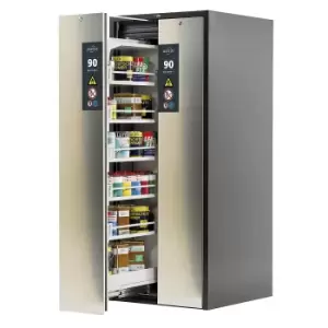 image of asecos Type 90 fire resistant vertical pull-out cabinet, 2 drawers, 10 shelves, grey/stainless steel