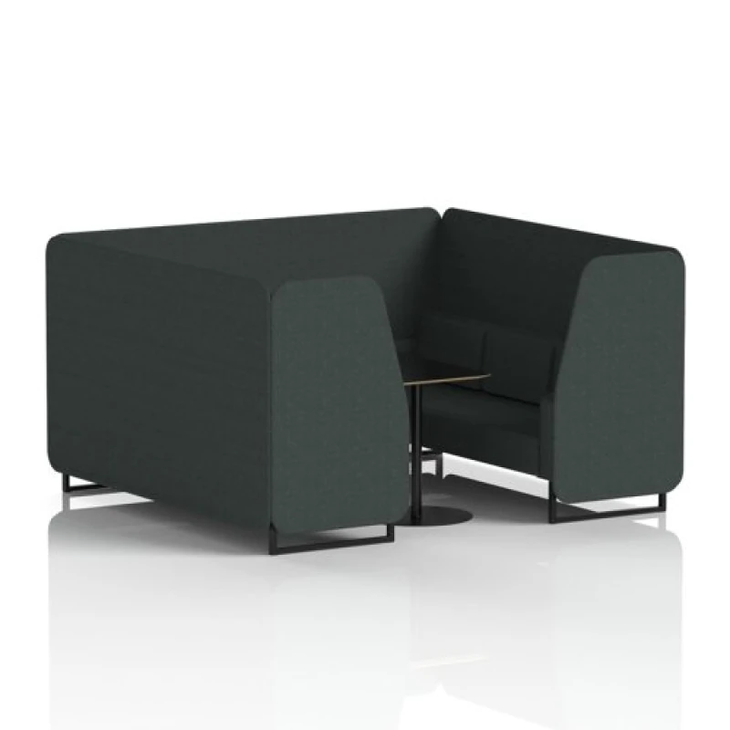 Image of Brixworth 6 Seater Office Booth with Front Panel - Black Legs and Black Table with Black Leg in Rivet Fabric - Charcoal Panels and Sofa