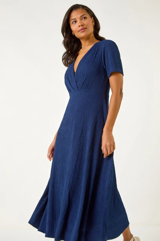 Image of Roman Womens Textured Wrap Bodice Midi Dress in Navy Size: 12 Navy Female 12