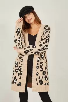 image of Beige Animal Print Intarsia Knit Long Cardigan