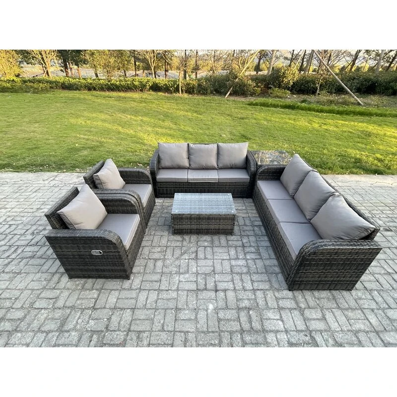 Image of Fimous Rattan Outdoor Garden Furniture Sofa Set Patio Table & Chairs Set with 3 Seater Sofa Reclining Chair Side Table Dark Grey Mixed Dark Grey