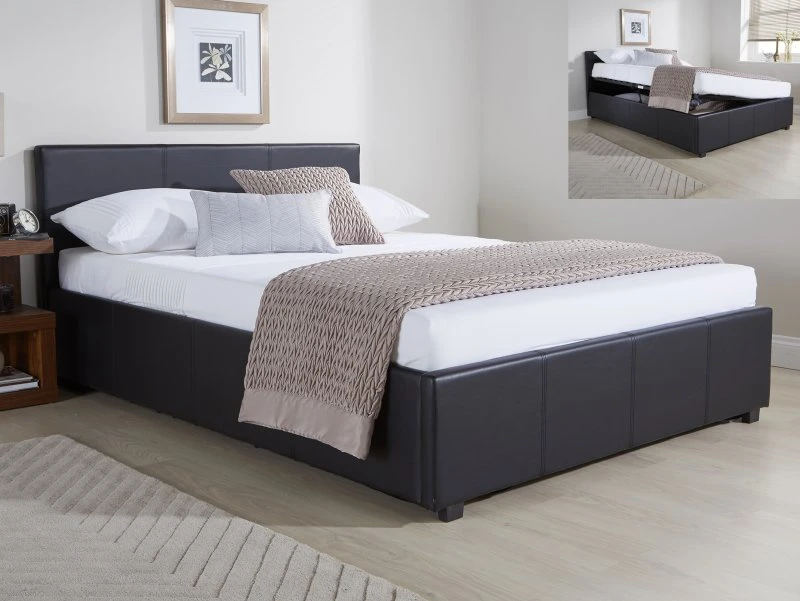 Image of GFW Ecuador 4ft6 Double Black Faux Leather Side Lift Ottoman Bed Frame