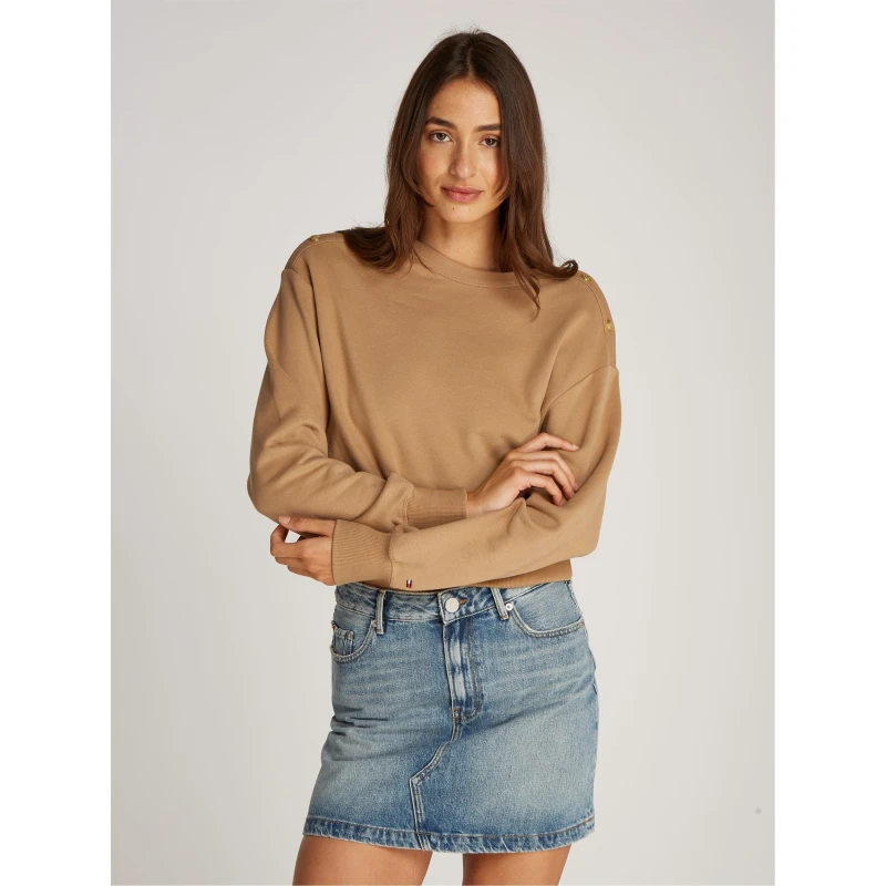 Image of Tommy Hilfiger Womens Gold Button Boat Neck Sweatshirt Safari Canvas female 8 (XS)