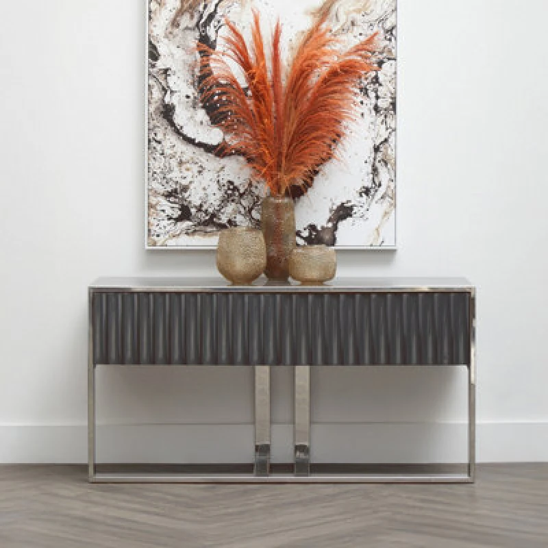 Image of Orsina Grey Hi Gloss Finish Console Table, Sleek Glossy Grey Top With Polished Stainless Steel Frame