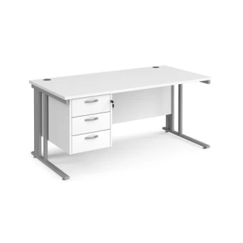 image of Office Desk Rectangular Desk 1600mm With Pedestal White Top With Silver Frame 800mm Depth Maestro 25 MCM16P3SWH