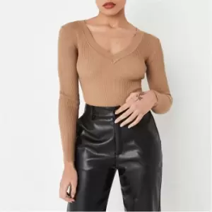 image of Missguided Petite V Neck Rib Knit Bodysuit - Brown