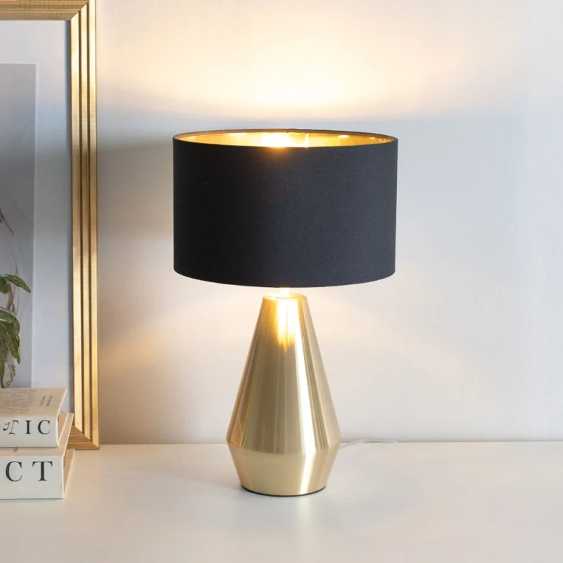 Image of ValueLights ValueLights Jax Gold Dimmable Touch Table Lamp with Fabric Drum & Gold Inner Lamp Shade in Black One Size Unisex 5059406060267