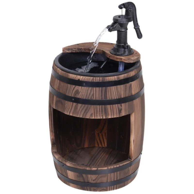 Image of Outsunny Wood Barrel Pump Garden Fountain Water Feature Flower Planter Stand New - Outsunny uk844218v010331