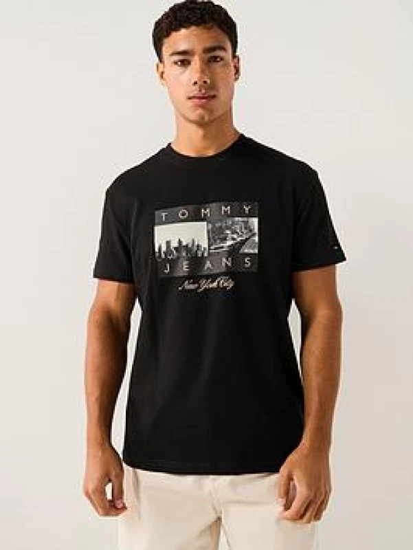 Image of Tommy Jeans Mens TJ Photo Flag Regular Fit T-Shirt - Black Male S