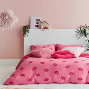 Image of Sassy B Pouting Lips Print Reversible Jersey Duvet Cover Set, Pink, King