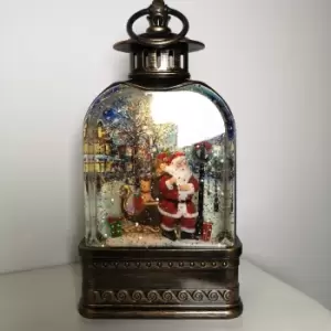 image of 24cm Snowtime Christmas Water Spinner Antique Effect Lantern With Santa with his Sleigh Scene Dual Power