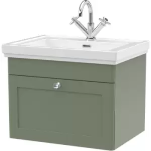 image of Nuie Classique Wall Hung 1-Drawer Vanity Unit with Basin 600mm Wide Satin Green - 1 Tap Hole