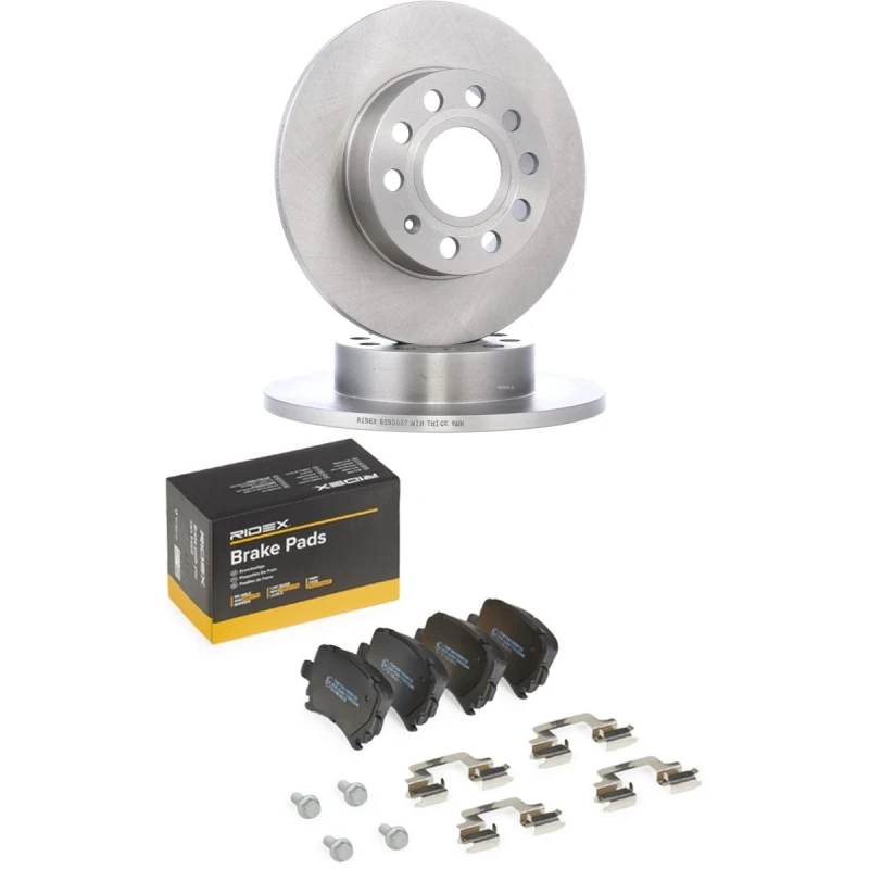 Image of RIDEX 3405B3398 Brake disc and pads set Rear Axle, Brake Disc Type: Solid, excl. wear warning contact Brake Set,disc brakes (3405)