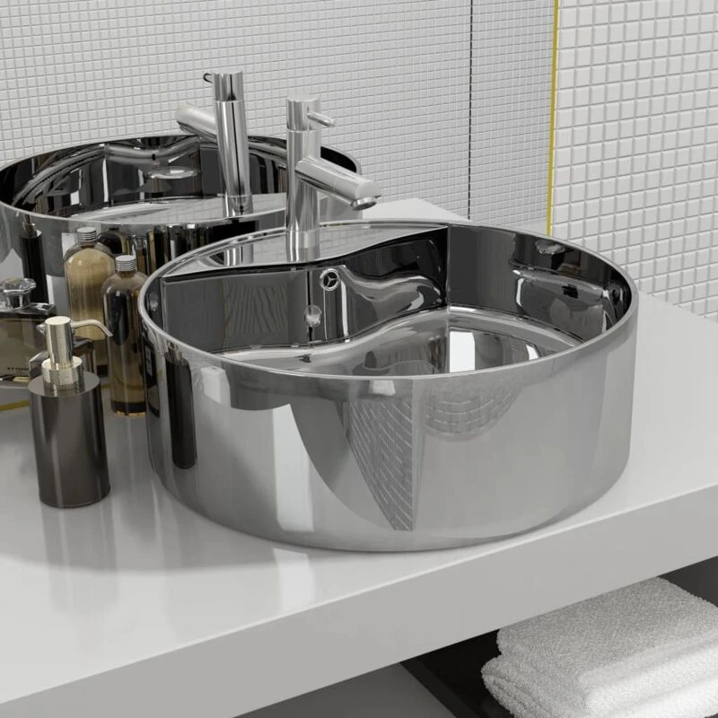 Image of vidaXL Wash Basin with Overflow 46.5x15.5cm Ceramic Silver 143865