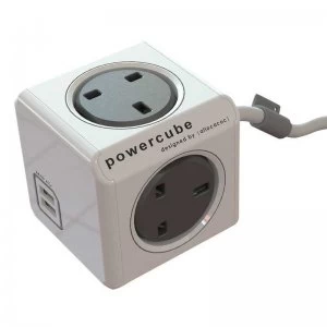 image of Allocacoc PowerCube - 4 Power Socket + 2 USB Ports - 3M - Grey