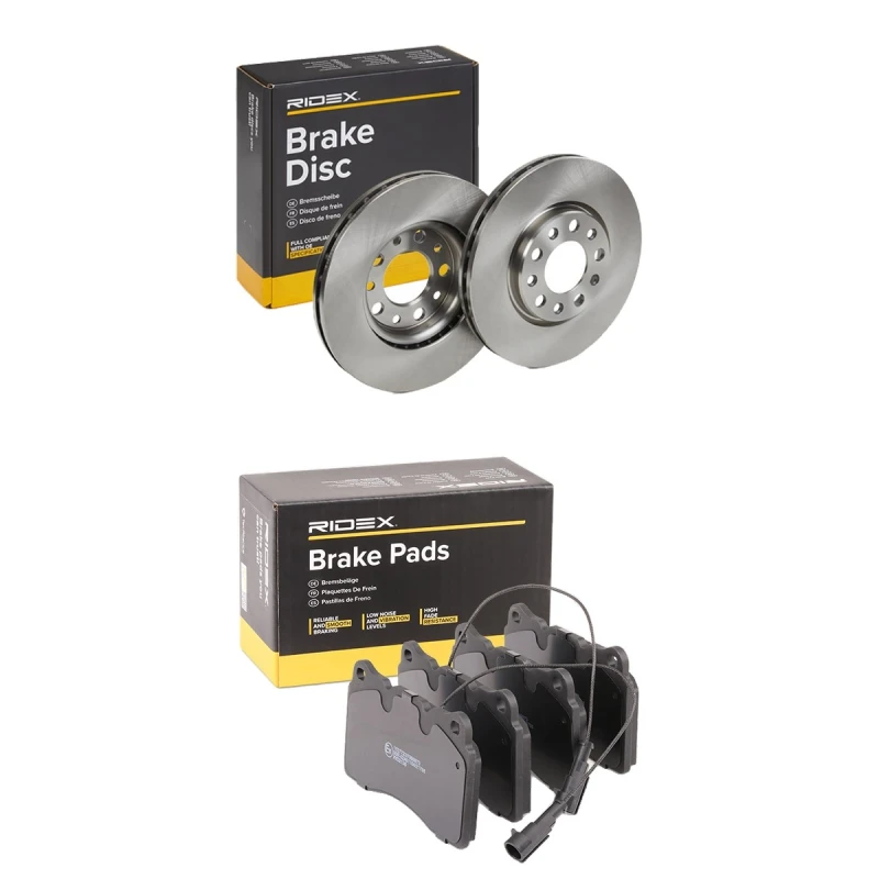 Image of RIDEX 3405B2763 Brake disc and pads set Front Axle, Brake Disc Type: internally vented, incl. wear warning contact Brake Set,disc brakes (3405)
