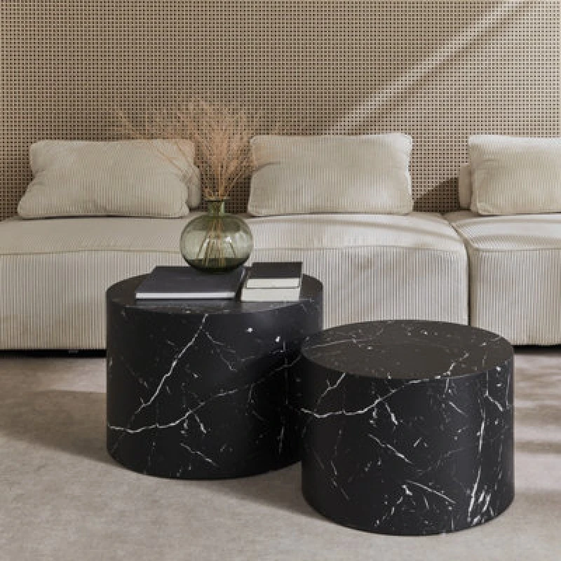 Image of Sweeek - Pair Of Round Marble-Effect Nesting Coffee Tables Black 1X58X40 Cm - Paros