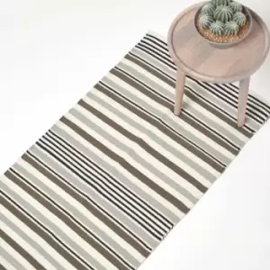 Image of Modern Black Grey Scandinavian Style Striped Cotton Rug, 66 x 200cm - Grey - Homescapes