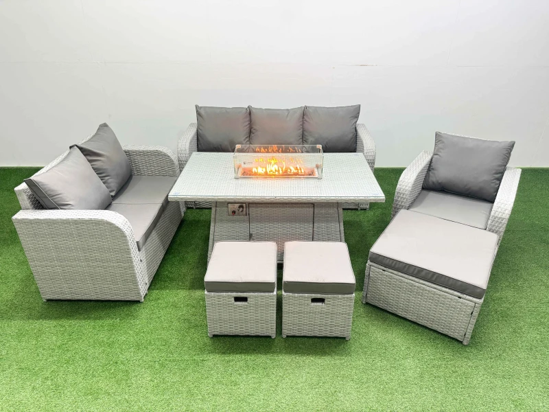 Image of Fimous Patio PE Wicker 9 Seater Outdoor Rattan Furniture Sofa Sets with Firepit Dining Table Reclining Chair Loveseat Sofa 3 Seater Sofa Stool Light G