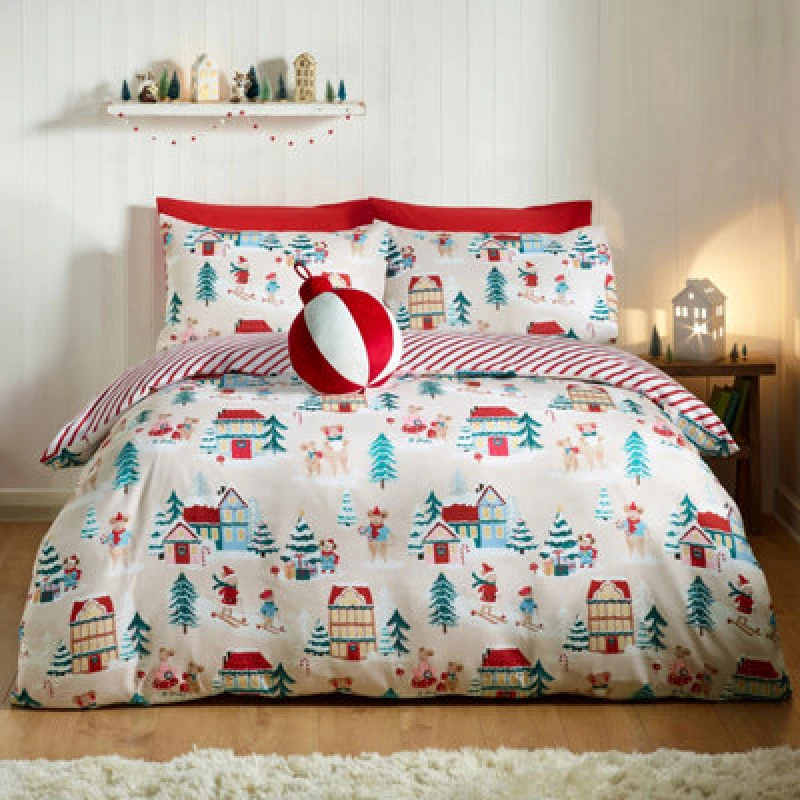 Image of Catherine Lansfield Christmas Mouse Town Reversible Double Duvet Cover Set With Pillowcases Natural