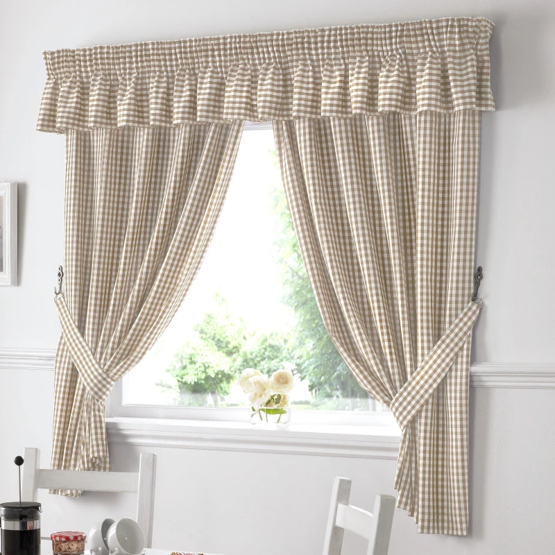Image of Alan Symonds Gingham Kitchen Curtains - Beige Beige 46x54 Inch