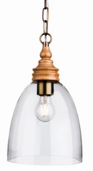 image of 1 Light Dome Ceiling Pendant Natural Wood with Clear Glass, E27