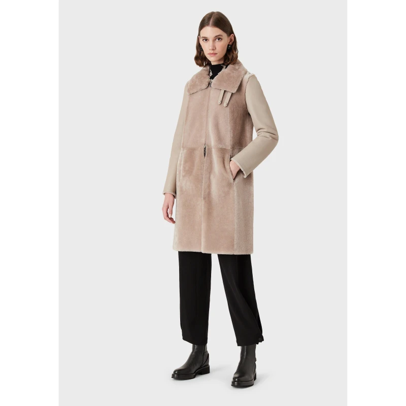 Image of Emporio Armani Womens Contrast Textured Fur Coat Beige female 14 (L)