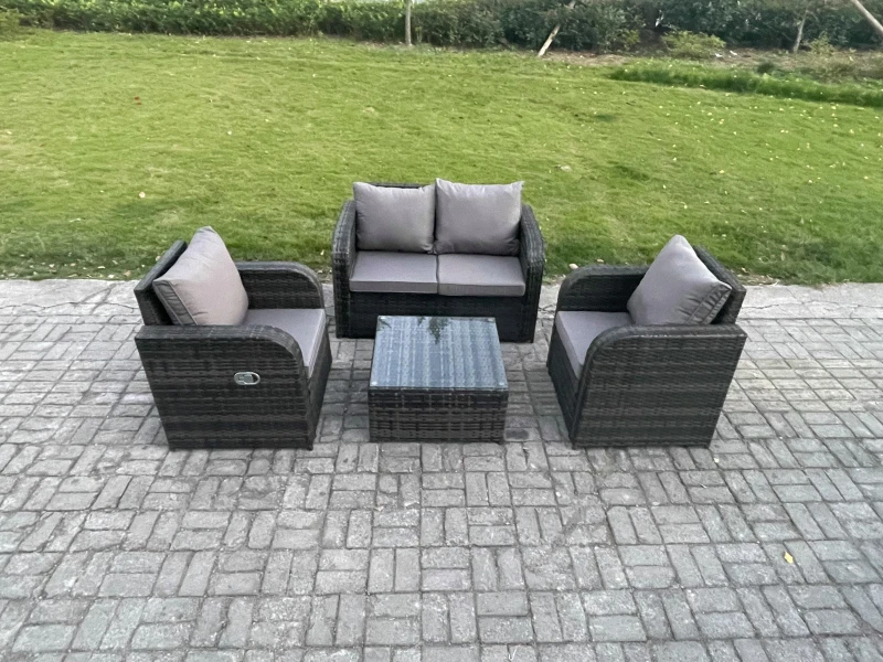 Image of Fimous Wicker PE Rattan Garden Furniture Set Outdoor Lounge Sofa Set with Love Sofa Square Coffee Table Dark Grey Mixed Dark Grey